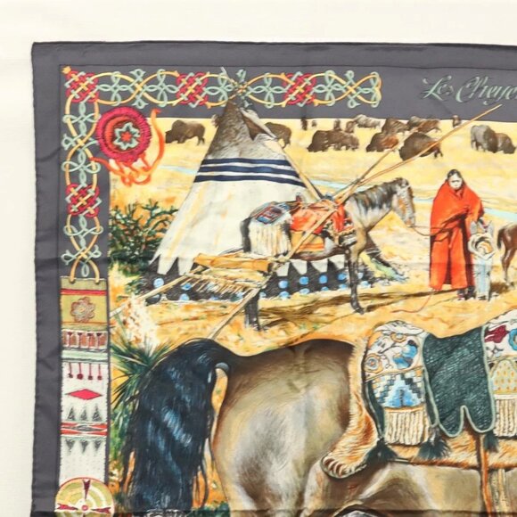 HERMES Carre 90 Scarf ""Les Cheyennes"" Silk Brown - Picture 2 of 14